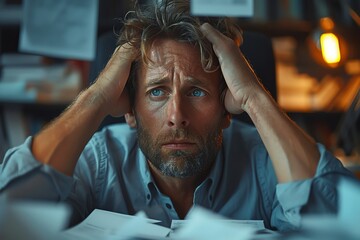 Businessman has problems at work, tired entrepreneur has headache