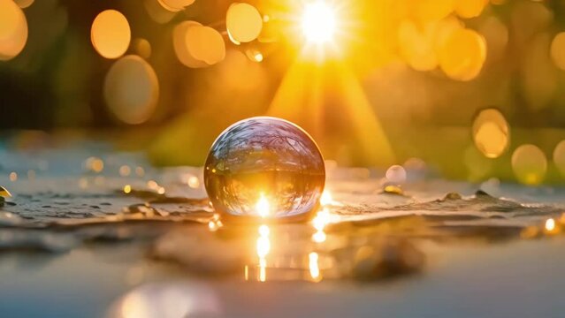 Nature's Essence in a Water Sphere at Sunset. Concept Nature, Water Sphere, Sunset, Photography, Reflections