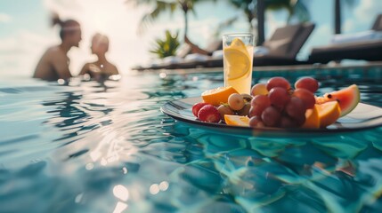 Breakfast in swimming pool, floating breakfast in luxurious tropical resort. Table relaxing on calm pool water, healthy breakfast and fruit plate by resort pool. Tropical couple beach luxury lifestyle - obrazy, fototapety, plakaty