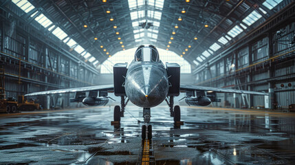 A sleek fighter jet is stationed in a spacious, well-lit hangar - obrazy, fototapety, plakaty
