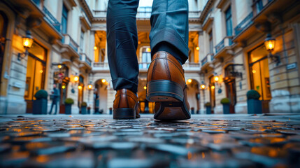 Close view of men's leather boots of a businessman in a big city