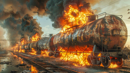 Freight train burning in the desert at sunset. Industrial disaster
