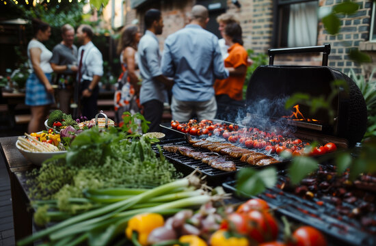 A black grill with various exotic ingredients on a table, in front of it is an open air garden party where people dance and have fun. The focus should be on the food placed next to me and on one side 