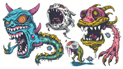 Hand drawn Four monsters and space invaders. Colored vector