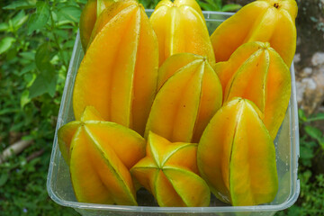close-up view of freshly harvested starfruit or carambola (Averrhoa carambola)