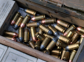 Dummy machine gun and rifle rounds and magazines for display purposes.