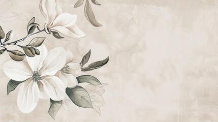 A subtle and sophisticated illustration featuring white flowers with grey foliage against a textured beige backdrop The artwork exudes tranquility and elegance, ideal for decor