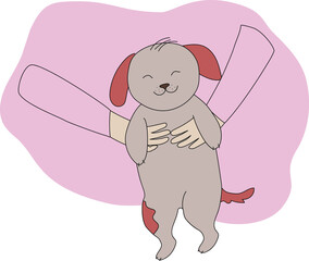 Cute puppy in woman hands in cartoon style. Dog adoption template in pink background