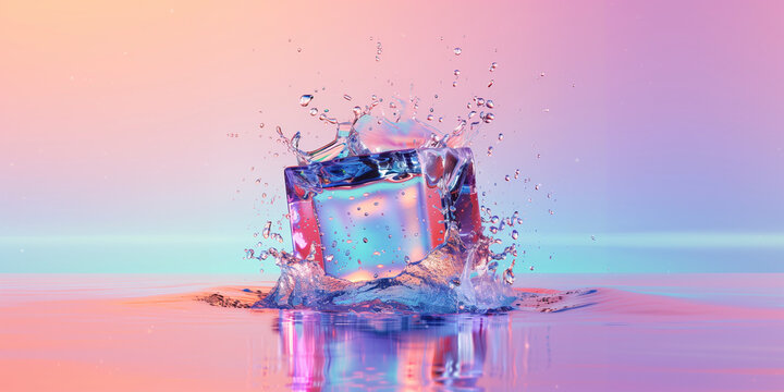 levitating cube of ice on vibrant summer one color background