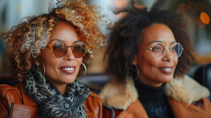 Wide angle close up of two fashionable, middle aged gorgeous women sitting in a black convertible with cognac colored seats - obrazy, fototapety, plakaty