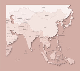 Fototapeta na wymiar Vector illustration with Asian continent with borders of countries and names of states. Political map in brown colors with regions. Beige background