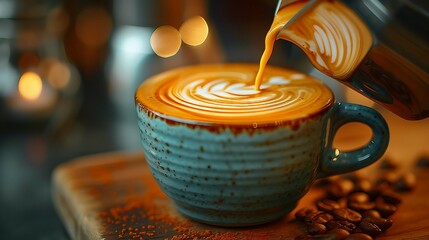 A pouring cappuccino art into a ceramic cup. AI generate illustration - obrazy, fototapety, plakaty