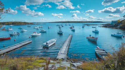 GEORGETOWN, MAINE - OCTOBER 14, 2017: A view from a fishing dock overlooking numerous boats moored in blue waters of picturesque Sheepscot Bay. - obrazy, fototapety, plakaty