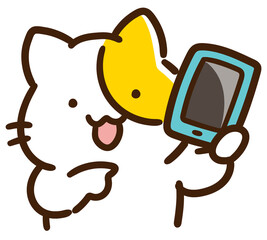 スマートフォンを指差すかわいいねこのキャラクターのデフォルメイラスト