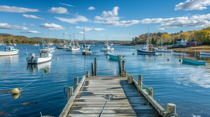 Fototapeta na wymiar GEORGETOWN, MAINE - OCTOBER 14, 2017: A view from a fishing dock overlooking numerous boats moored in blue waters of picturesque Sheepscot Bay.