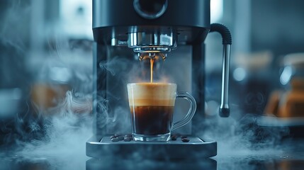 A black coffee machine brewing a rich espresso. AI generate illustration - obrazy, fototapety, plakaty