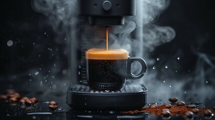 A black coffee machine brewing a rich espresso. AI generate illustration - obrazy, fototapety, plakaty