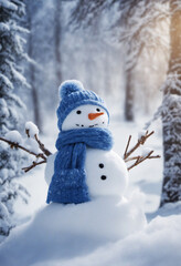Fototapeta premium Cute snowman in a blue knitted bobble hat and scarf in a winter forest 