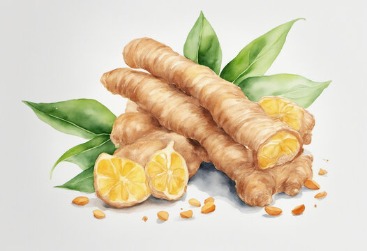 Watercolor painting of ginger root on white background. 