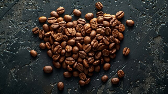 Coffee beans arranged in the shape of a heart on a sleek black countertop. AI generate illustration