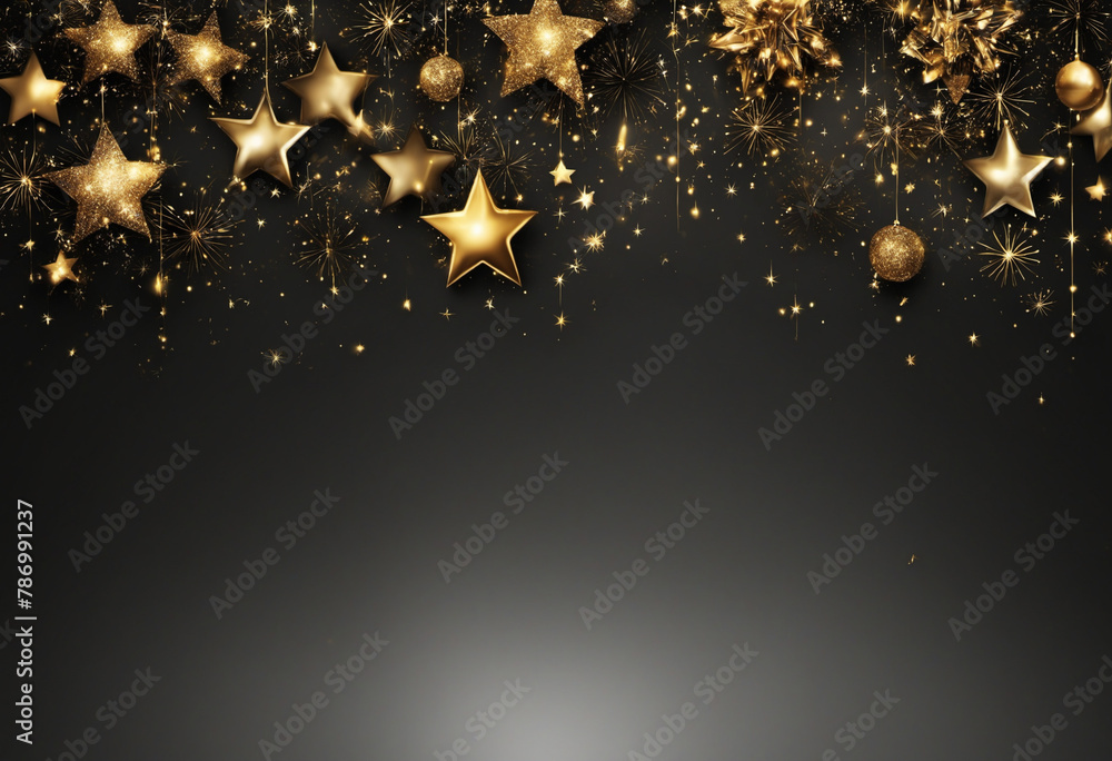 Poster Abstract festive dark background with gold and black stars. New year, birthday, holidays celebration wall paper.