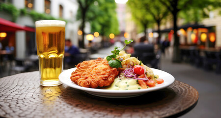 German schnitzel and beer on a table in restaurant - 786991202