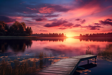 A serene lake landscape at sunset, with the wooden pier reflecting the evening sky. - 786991231