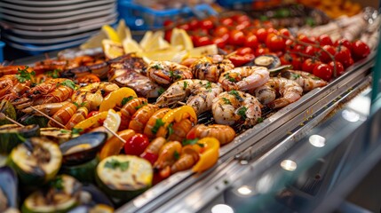 Italian street food grilled seafood fish, shrimps, calamari and vegetables