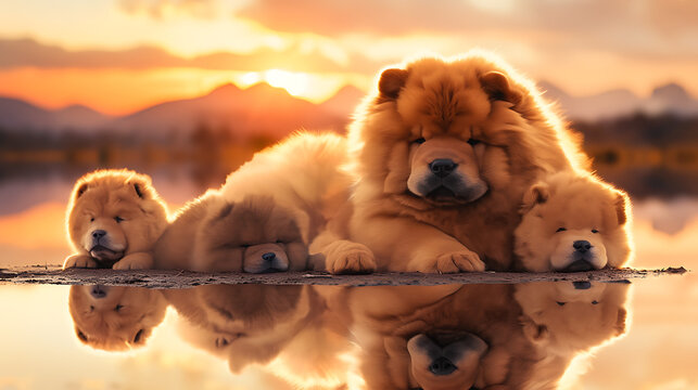 Closeup of chow chow dog and puppies on a sunset