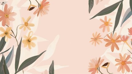 Fototapeta premium A serene pastel pink background adorned with illustrations of orange and yellow flowers and delicate butterflies This image exudes a calming and peaceful ambiance with a touch of springtime freshness