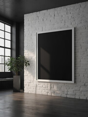 black poster with frame mockup in modern interior room design. 3D render. illustration Generative AI