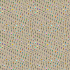 Stickmen with colorful heads arranged diagonally on dark tan backdrop seamless pattern. Colorful overpopulation surface art texture for printing or use in graphic design projects.