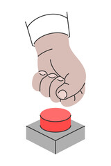 A man's fist presses forcefully on a big red button. Vector illustration