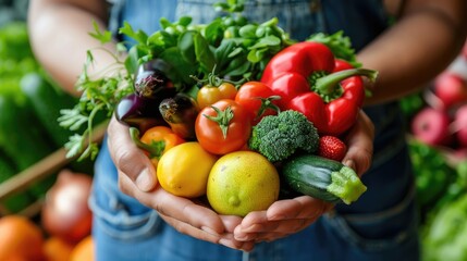 hands holding fresh fruits and vegetables as symbols of a balanced diet - obrazy, fototapety, plakaty