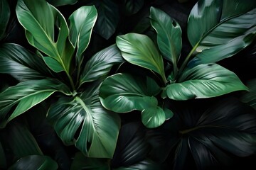 closeup tropical green leaves texture and dark tone process, abstract nature pattern background...
