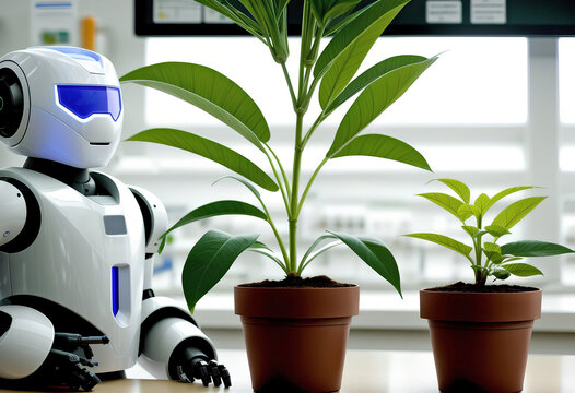 Bot stands next to pots of green plants in laboratory of high-tech biofarm for selection and cultivation. Generated by AI.