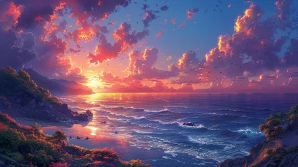Fotobehang Glorious sunrise painting the sky with vibrant hues over a tranquil coastal landscape © cheena