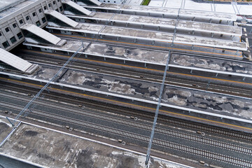Aerial view of many railroads