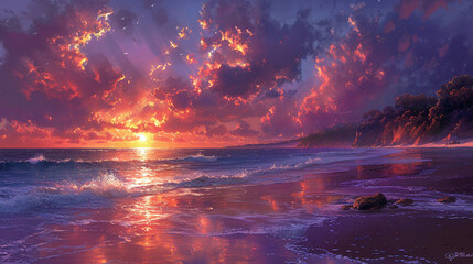 Glorious sunrise painting the sky with vibrant hues over a tranquil coastal landscape