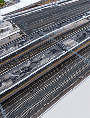 Aerial view of many railroads