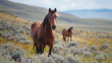Wild Horses Roaming the Pryor Mountains of Montana during the Summer