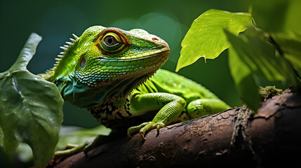 illustration of a huge green lizard on the trunk of a tree