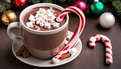 Obraz na płótnie Canvas Christmas hot chocolate with ornaments and candy cane