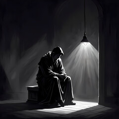 Depression in society. Sad man struggling with depression. - obrazy, fototapety, plakaty