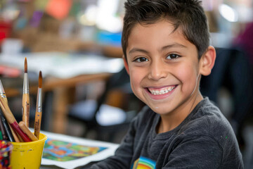 A Latino boy beams with delight as he participates in an art and creativity class, his enthusiasm for creating evident in his smile.