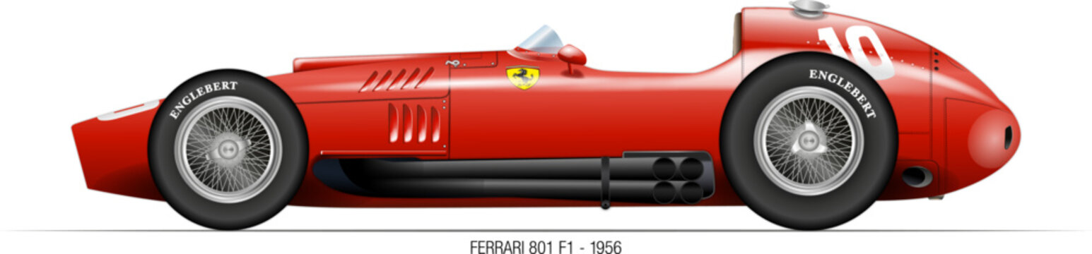 Maranello, Modena, Italy, year 1956, Ferrari Formula 1 model 801 F1 for the championship 1956, vintage car, vector illustration