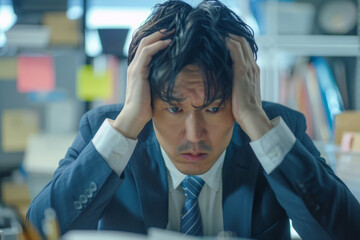 A tense Japanese businessman faces work challenges head-on in the office, his demeanor betraying the stress of the situation.