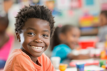A young Afro-American boy exudes happiness as he engages in an art and creativity class, his smile reflecting the pleasure of creating something new.