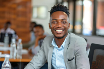 Obraz premium A young African entrepreneur smiles confidently in a professional office boardroom meeting, exuding determination and leadership.