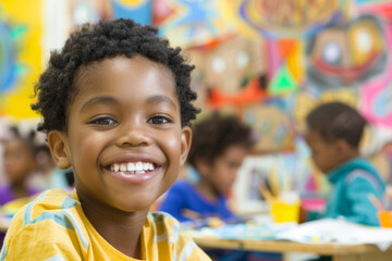 A young Afro-American boy exudes happiness as he engages in an art and creativity class, his smile reflecting the pleasure of creating something new.